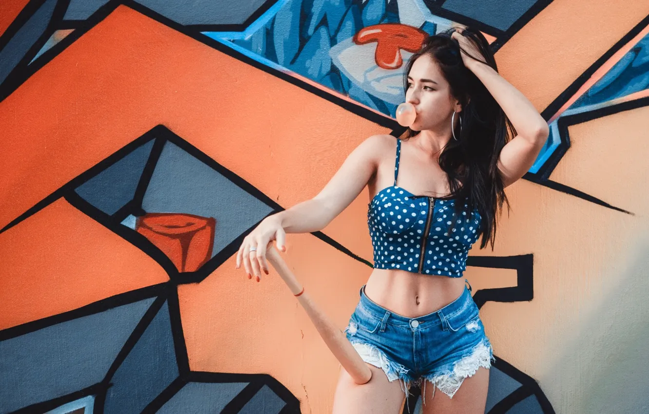 Photo wallpaper girl, graffiti, shorts, model, women, brunette, urban, hips