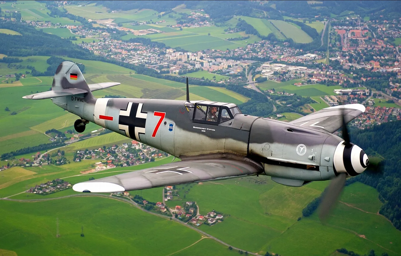 Photo wallpaper the sky, the city, earth, field, fighter, the plane, German, during the Second world war