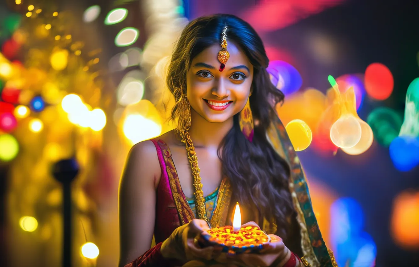 Photo wallpaper color, girl, lights, people, India, holidays, Diwali, The Festival of Lights