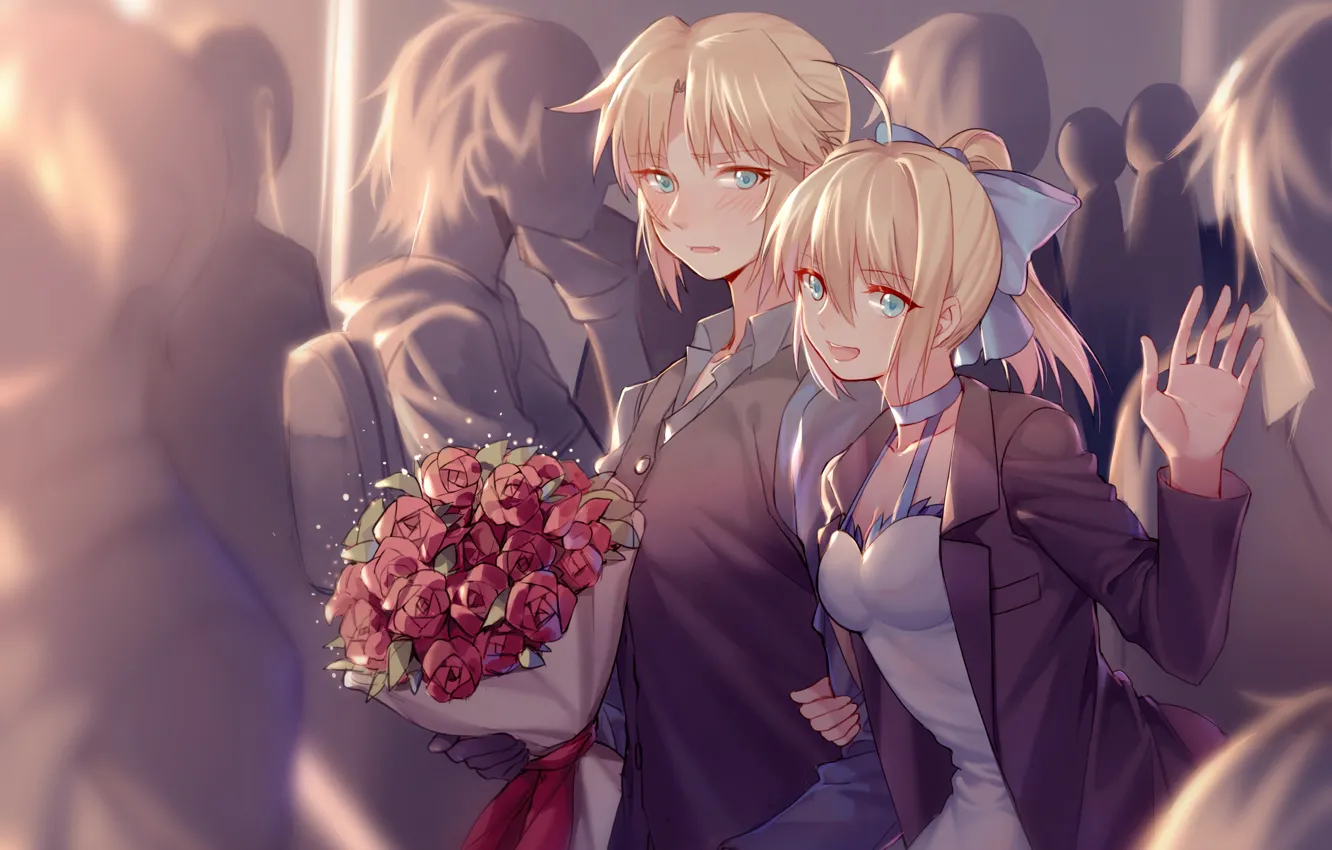 Photo wallpaper roses, bouquet, anime, art, two, saber, fate/stay night, fate/apocrypha