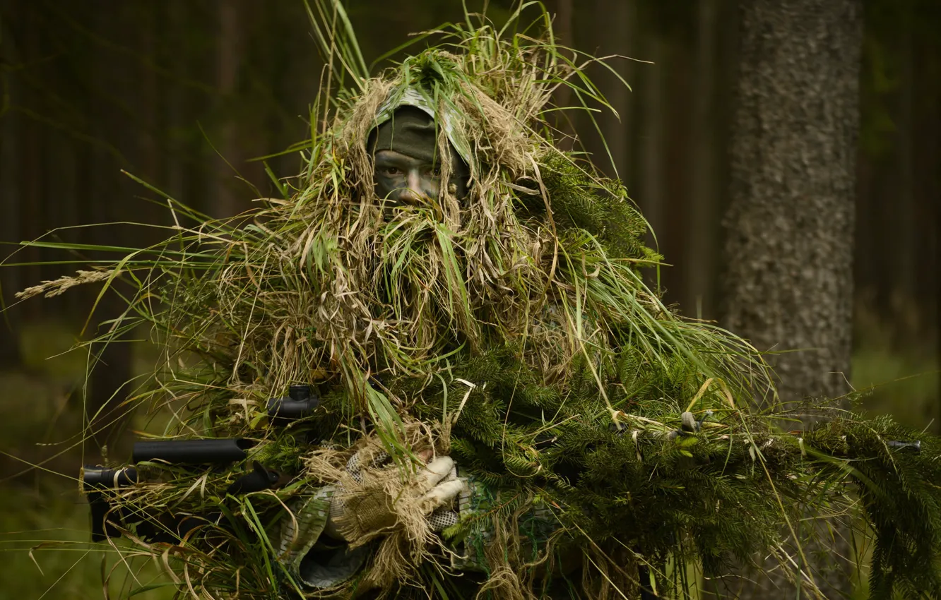 Photo wallpaper forest, soldiers, disguise, sniper, rifle