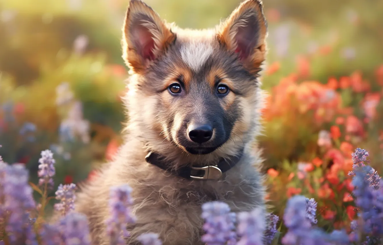 Photo wallpaper flowers, dog, puppy, German shepherd