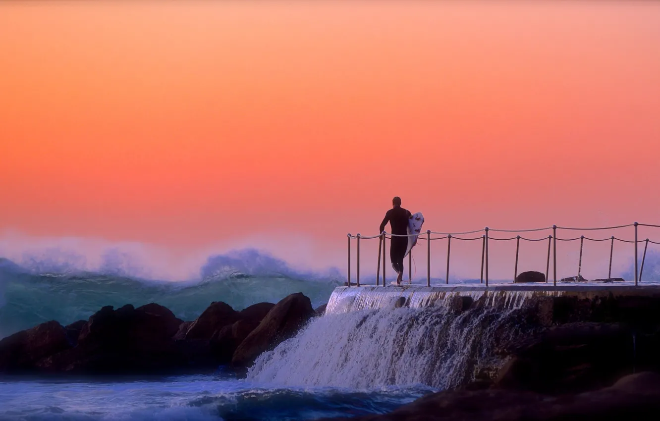 Photo wallpaper waves, sea, rocks, morning, sunrise, surfing, surf, surfer
