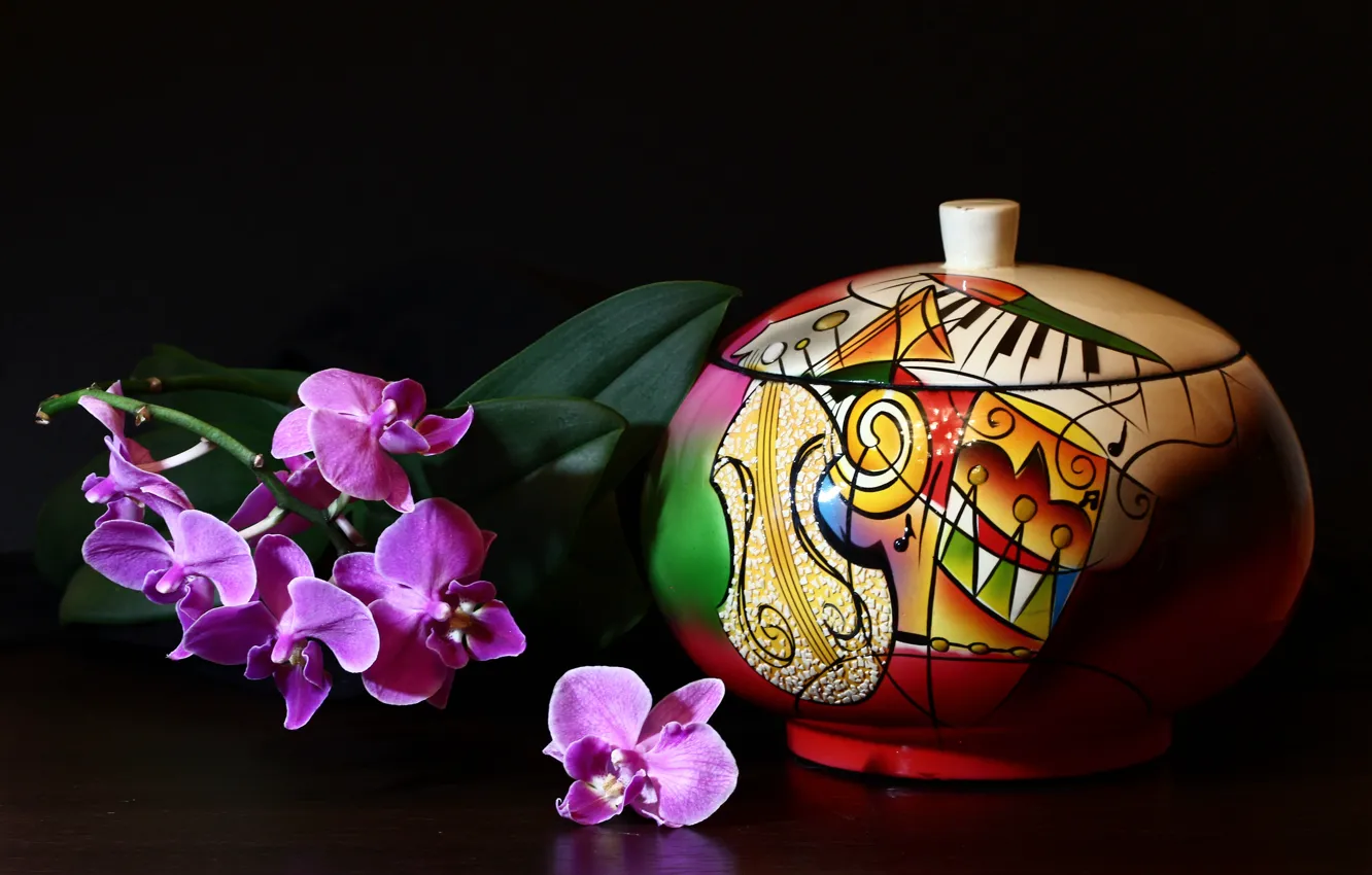 Photo wallpaper flowers, figure, branch, vase, still life, Orchid
