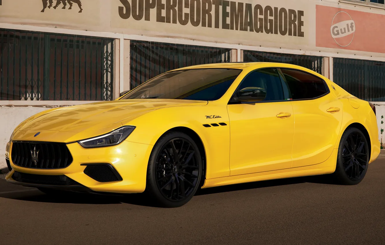 Photo wallpaper sports car, Maserati Ghibli, 2022, Maserati Corse, MC Edition, Yellow Racing, bright yellow body