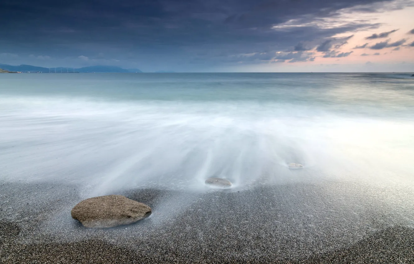 Photo wallpaper sea, landscape, night, stones