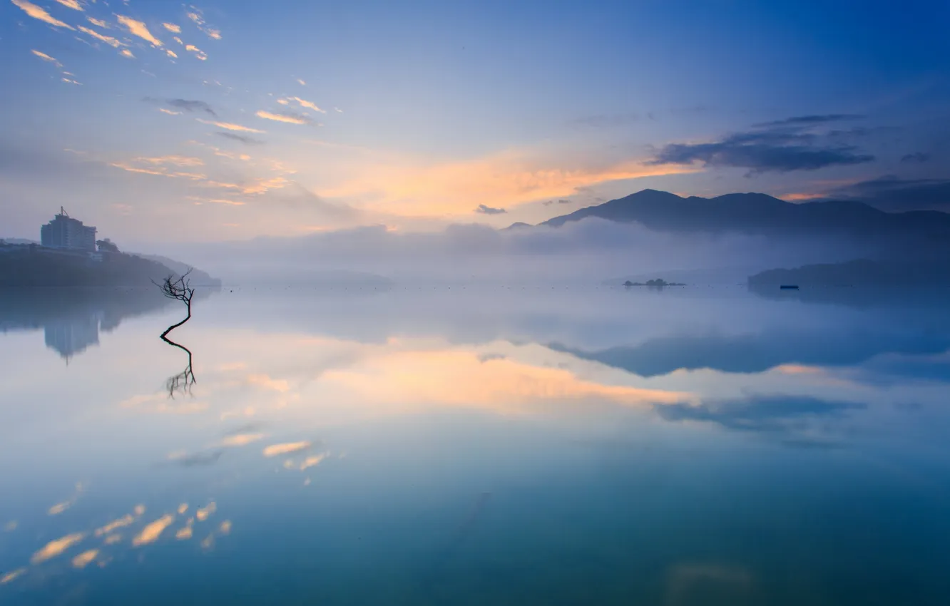 Photo wallpaper trees, mountains, fog, lake, morning, pair