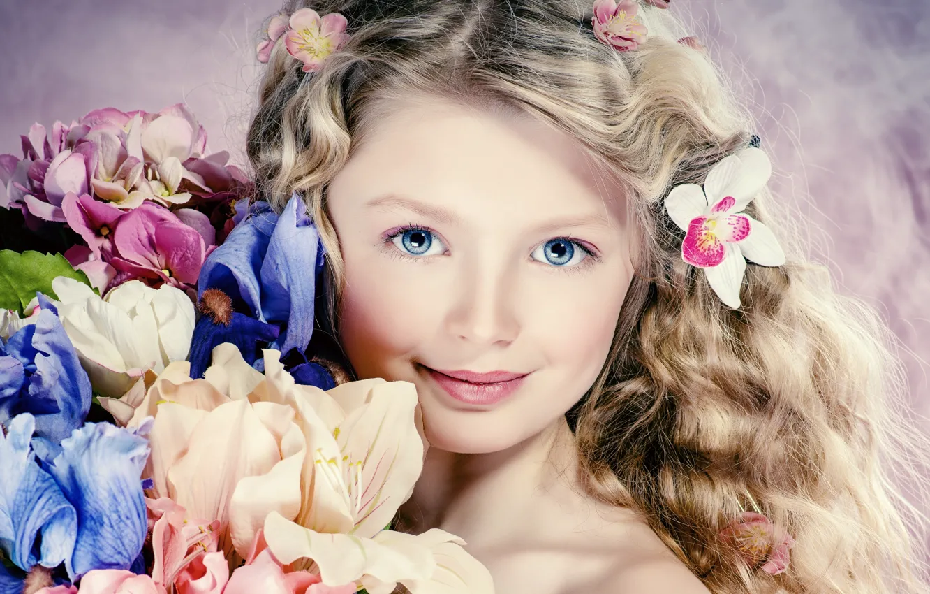 Photo wallpaper look, flowers, hair, portrait, girl, blue eyes