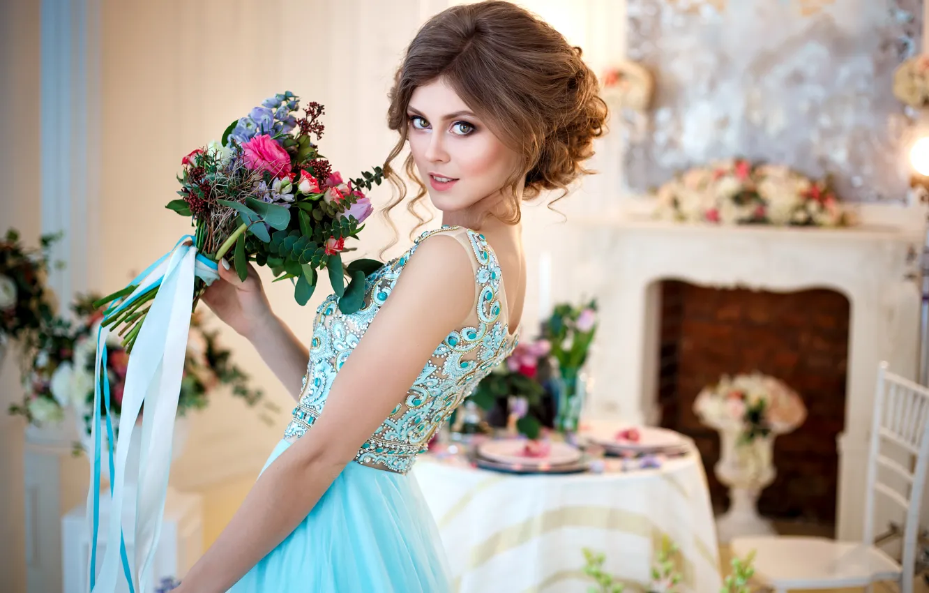 Photo wallpaper girl, flowers, room, interior, bouquet, dress, hairstyle, brown hair