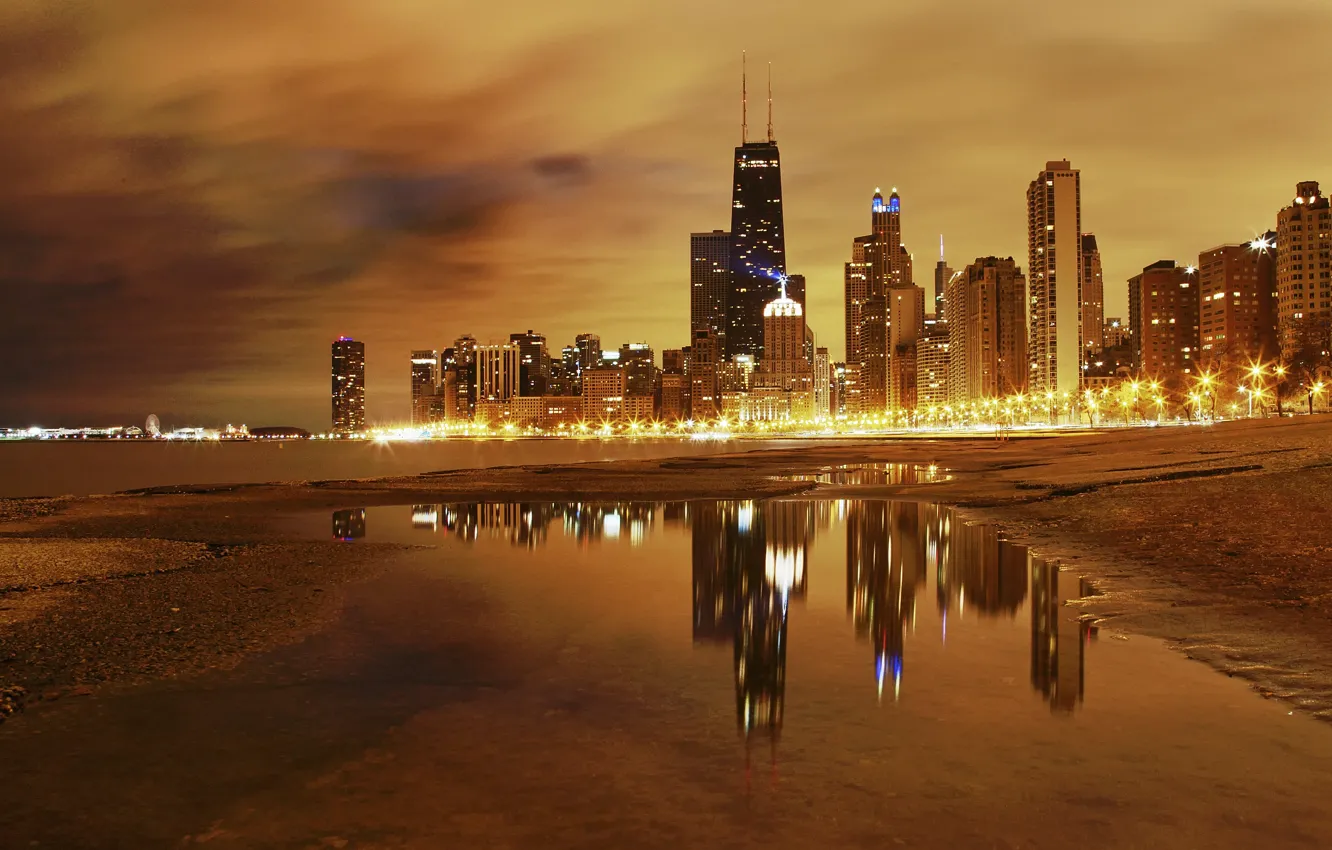 Photo wallpaper night, the city, lights, lake, Chicago