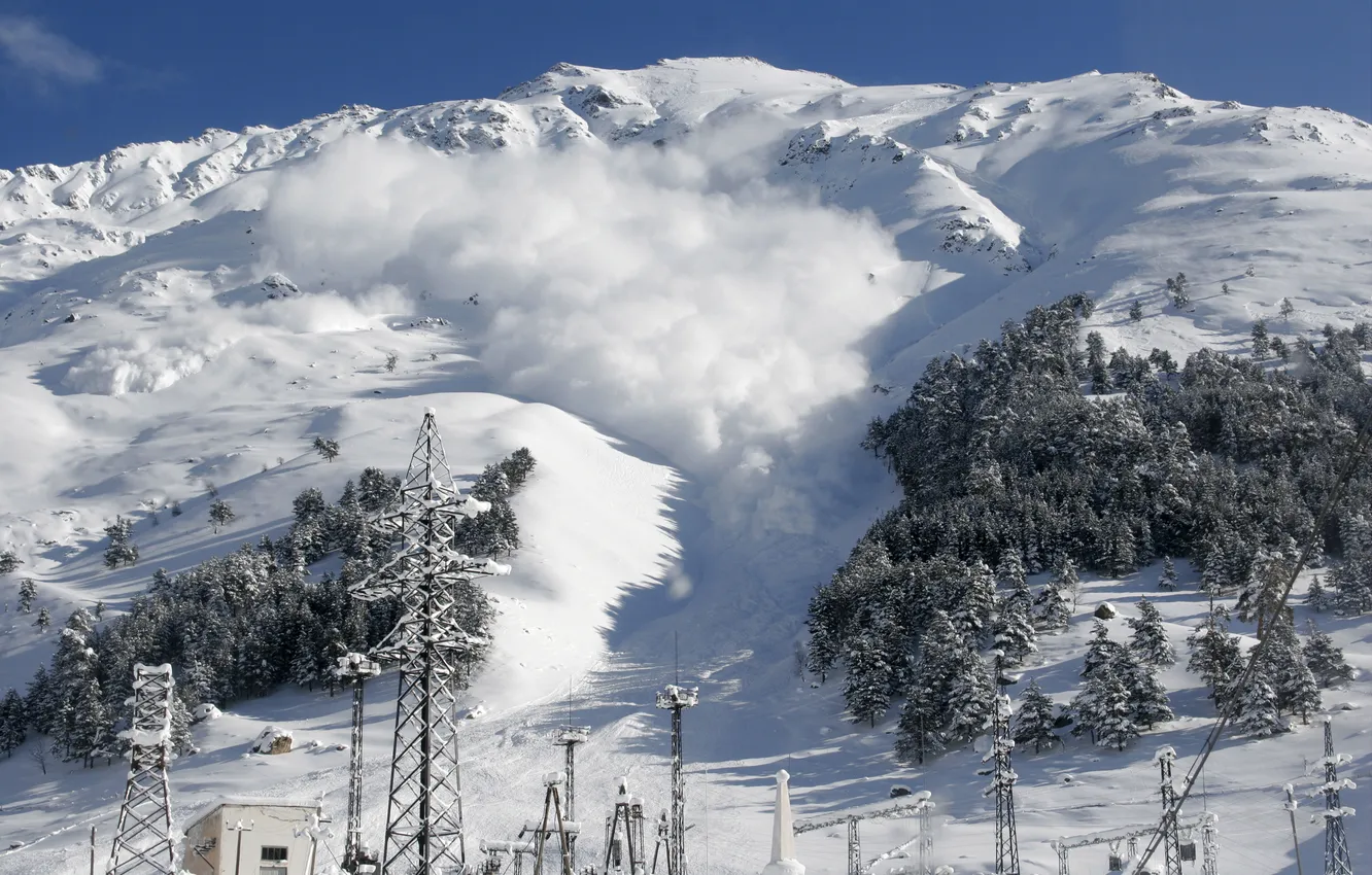 Photo wallpaper forest, the sky, snow, landscape, mountains, nature, danger, forest