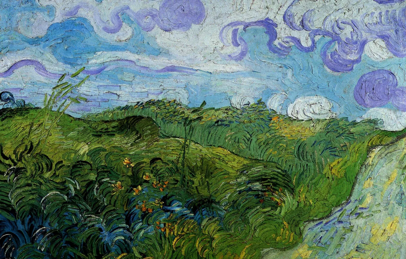 Photo wallpaper road, clouds, Green, Vincent van Gogh, Wheat Fields