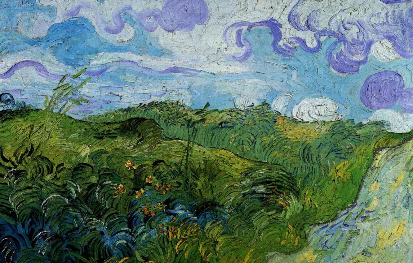 Photo wallpaper road, clouds, green, Vincent van Gogh, Wheat Fields