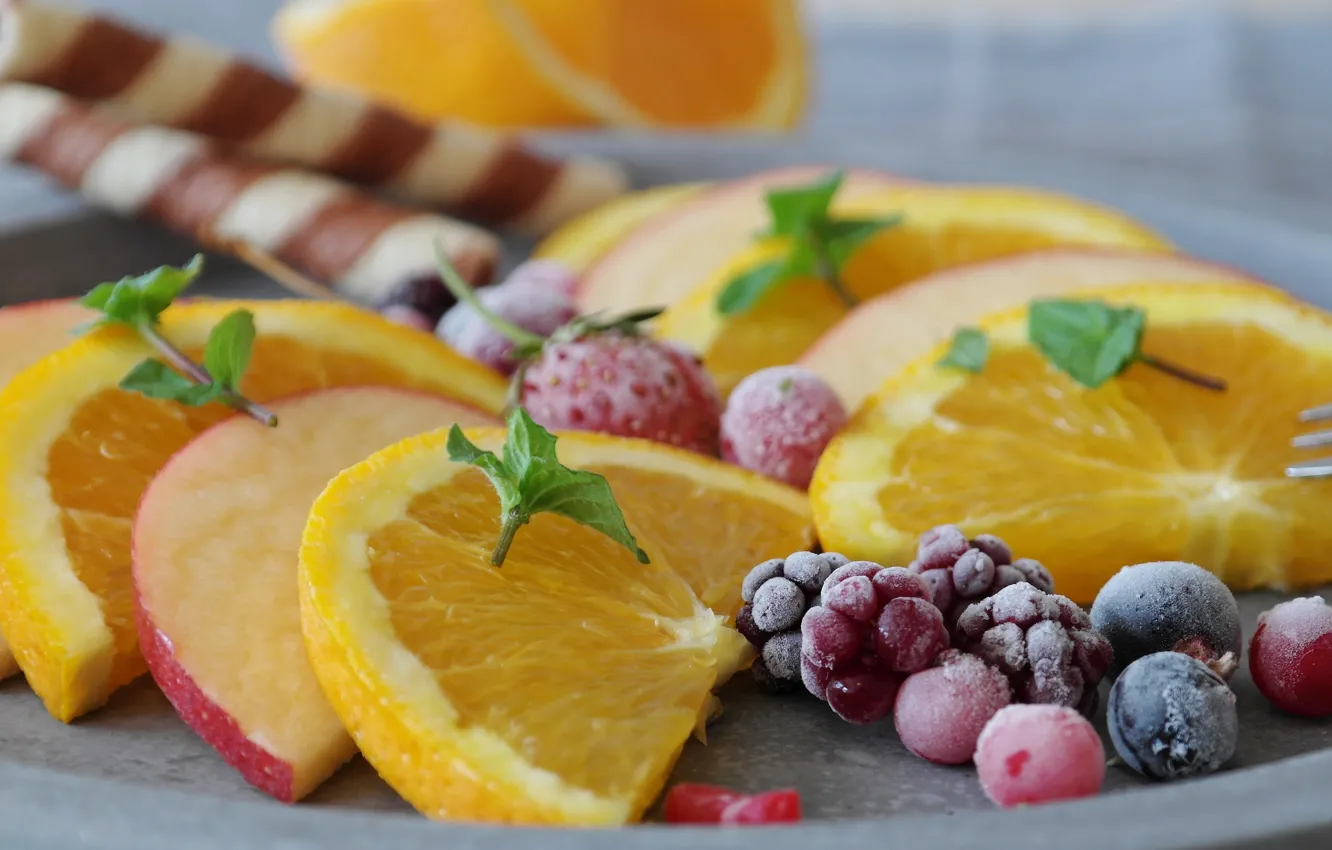 Photo wallpaper berries, apples, orange, citrus, fruit
