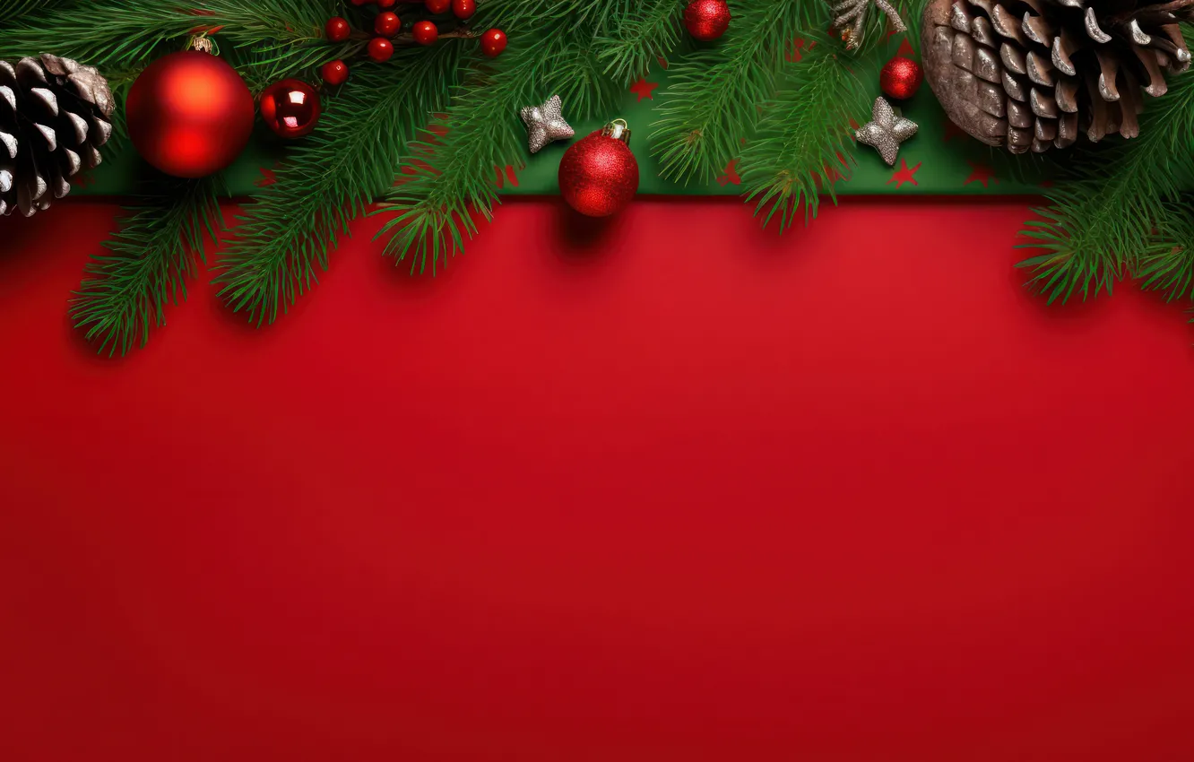 Photo wallpaper balls, branches, red, new year, Christmas, needles, bumps, red background