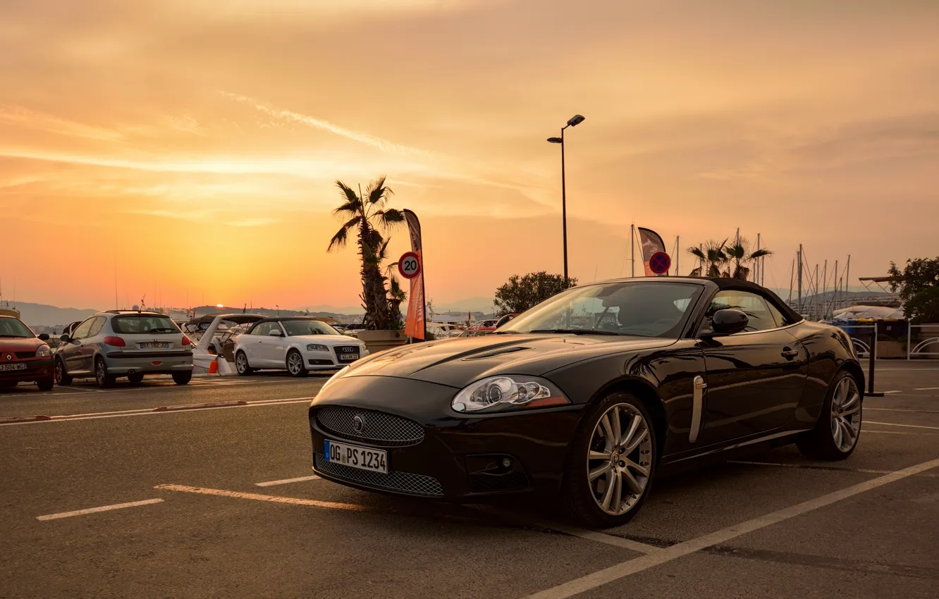 Photo wallpaper sunset, Jaguar, sports car, Parking