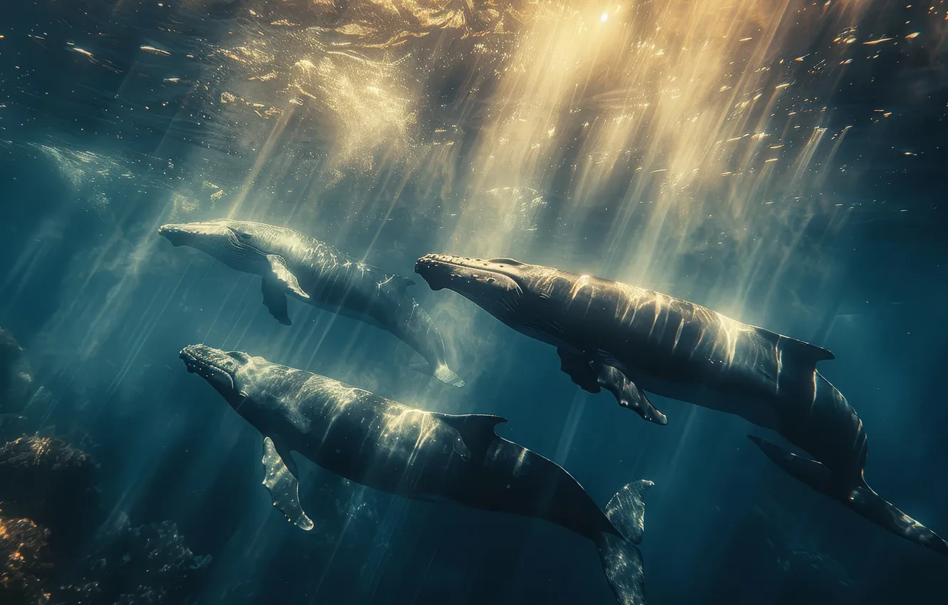 Photo wallpaper kit, underwater world, the rays of the sun, three, digital art, AI art, The Art …