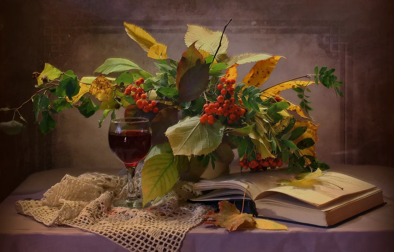 Photo wallpaper leaves, branches, berries, glass, book, drink, still life, table