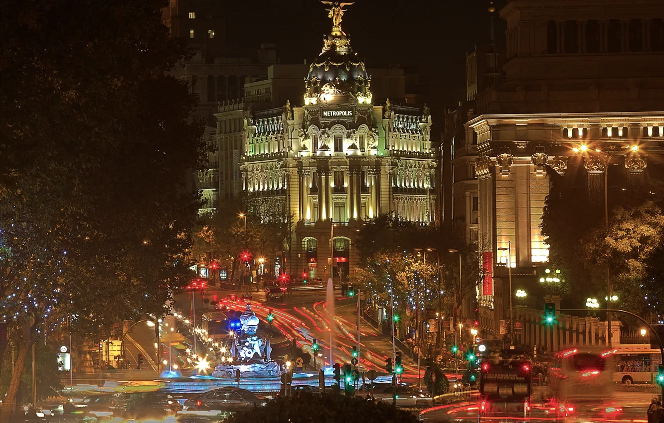 Photo wallpaper night, lights, street, home, Spain, Madrid, Metropolis