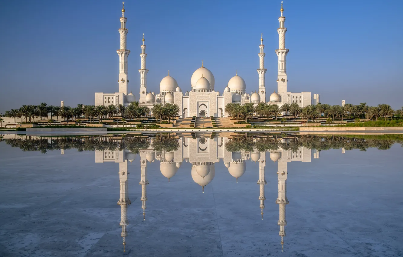 Photo wallpaper water, reflection, palm trees, UAE, Abu Dhabi, minarets, the Sheikh Zayed Grand mosque