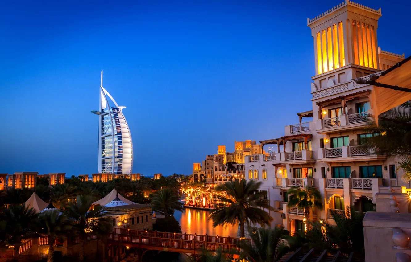 Photo wallpaper bridge, the city, palm trees, building, the evening, Dubai, the hotel, Dubai