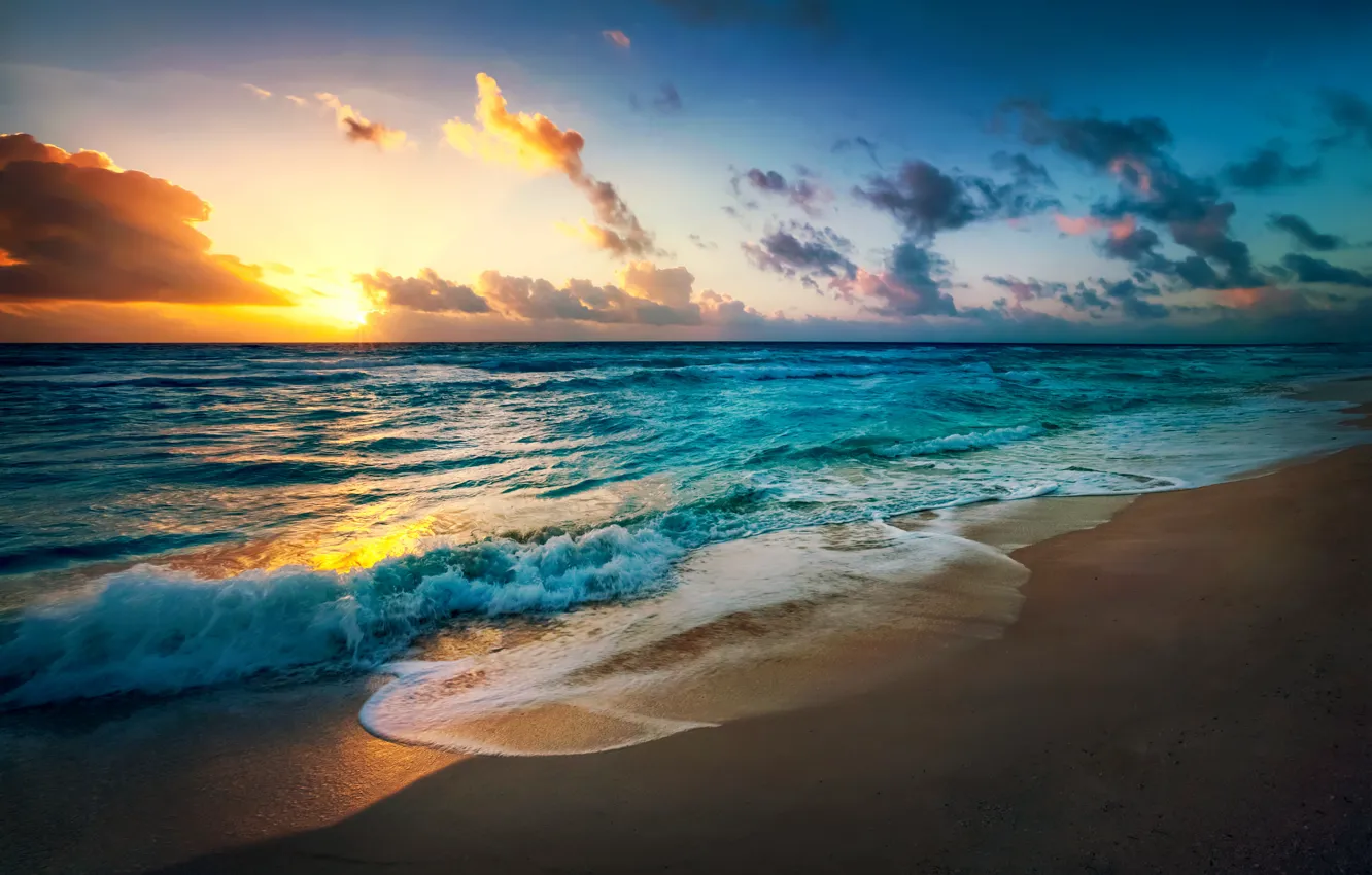Photo wallpaper sand, sea, beach, the sky, the sun, landscape, sunset, nature, the ocean, dawn, beach, sky, …