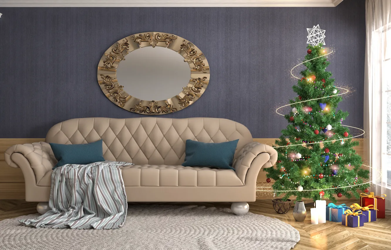 Photo wallpaper Sofa, New Year, Tree, Interior, Gifts, Garland