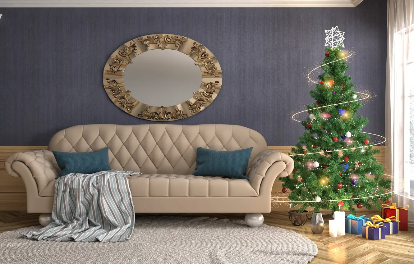 Photo wallpaper sofa, gift, tree, new year, interior, garland
