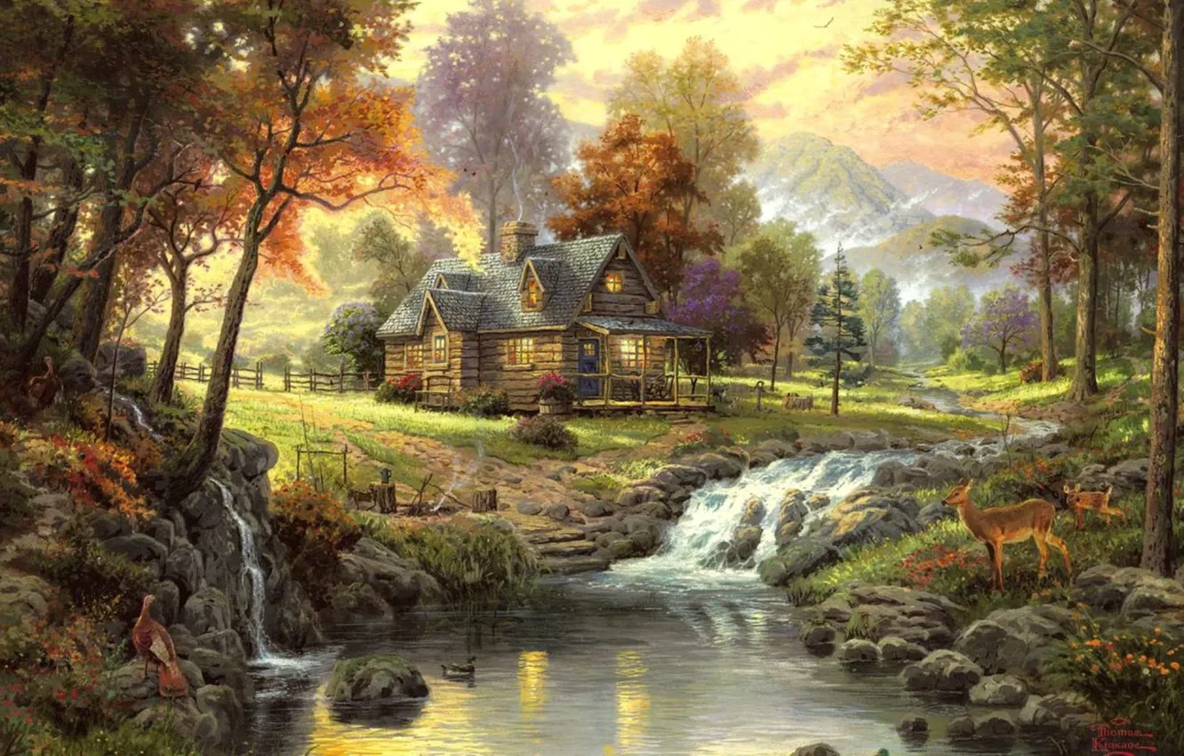 Photo wallpaper autumn, stream, Landscape, Thomas Kinkade, the cabin in the woods