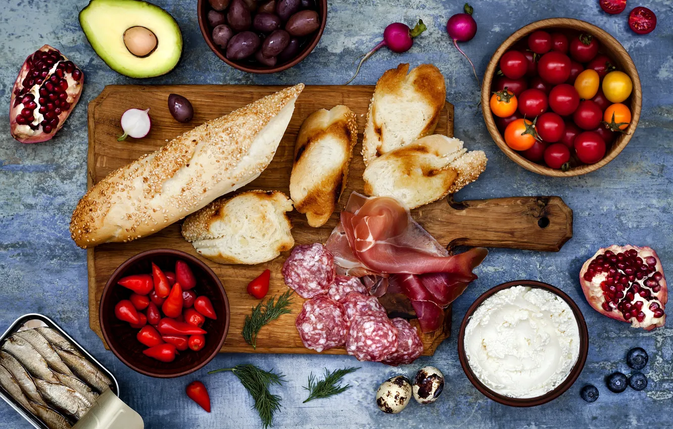 Photo wallpaper berries, cheese, bread, vegetables, baguette, cherry, sandwiches, ham