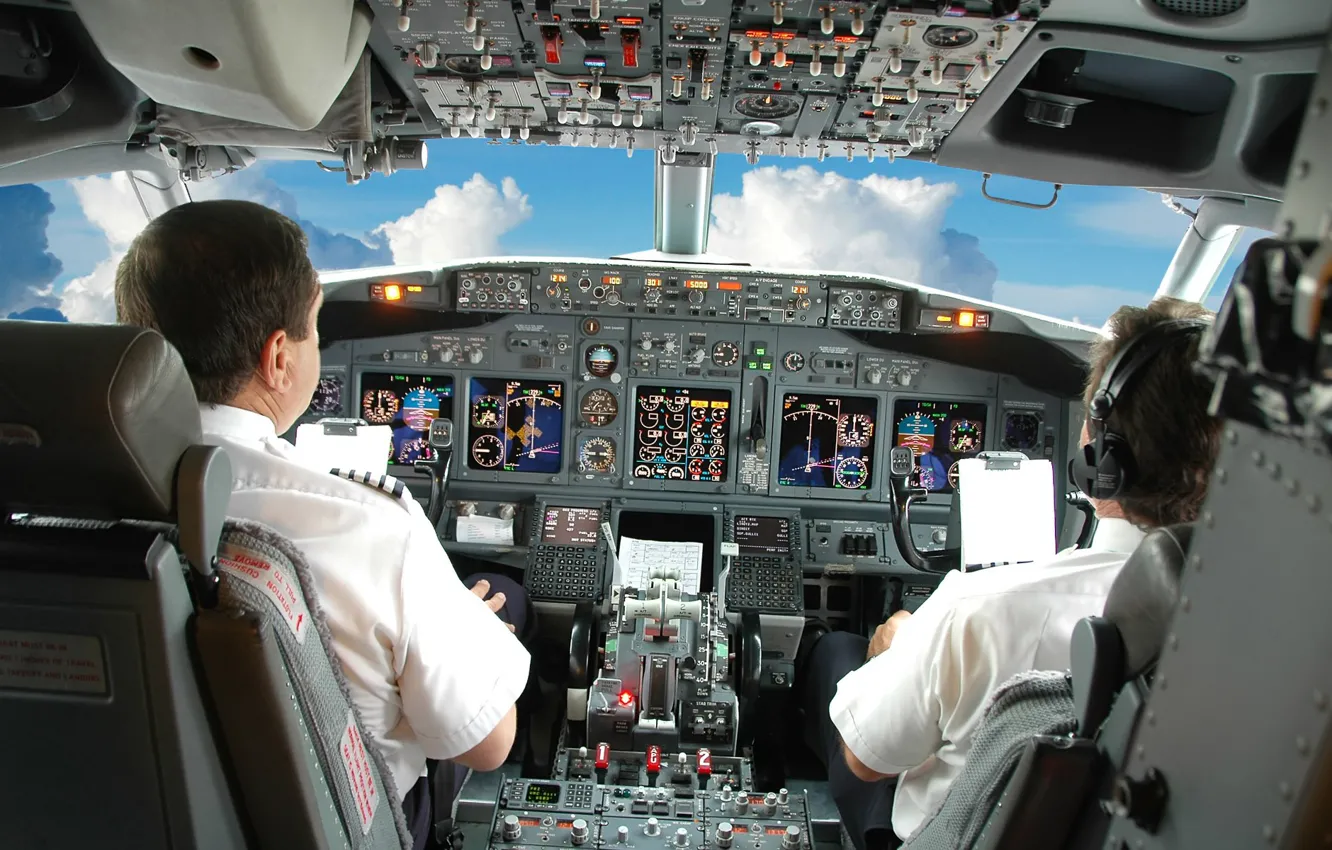 Photo wallpaper The sky, Clouds, The plane, Pilots, Cabin, Devices