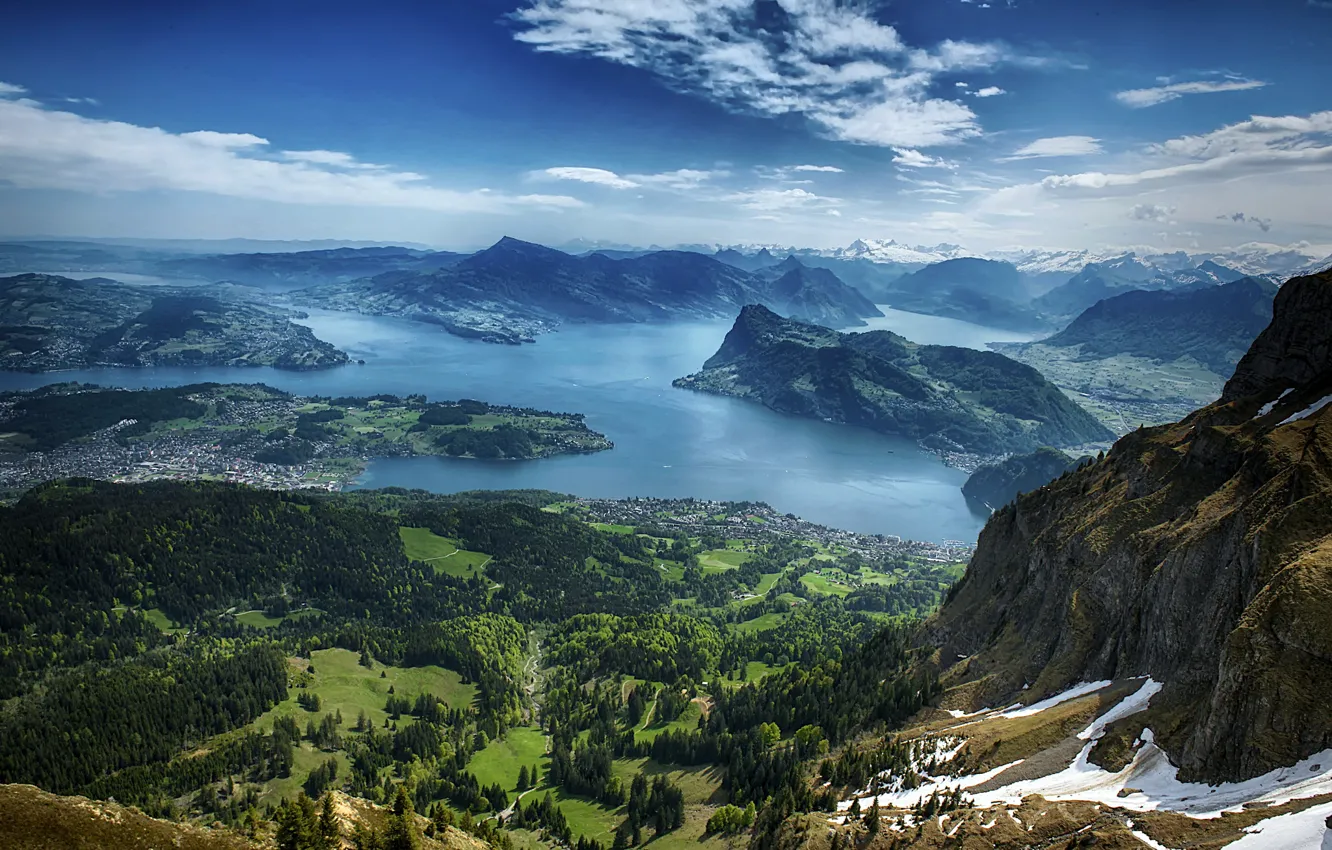 Photo wallpaper mountains, lake, panorama, the view from the top, Switzerland, Lake Lucerne