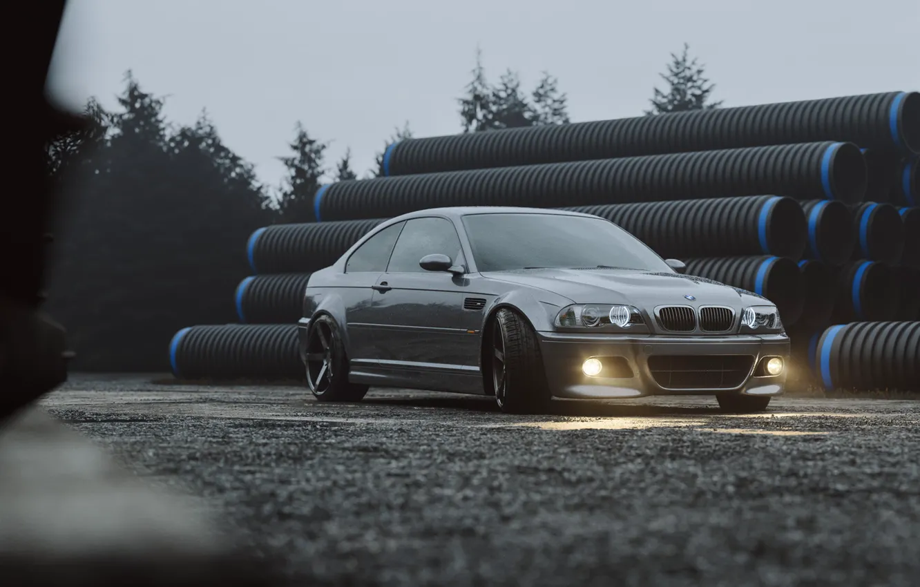 Photo wallpaper car, machine, auto, grey, overcast, BMW, pipe, silver