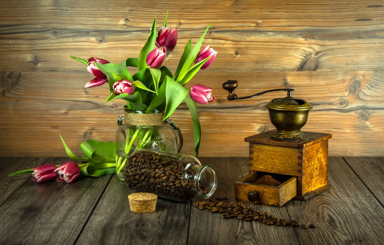 Photo wallpaper flowers, bouquet, tulips, wood, coffee beans, flowers, tulips, coffee