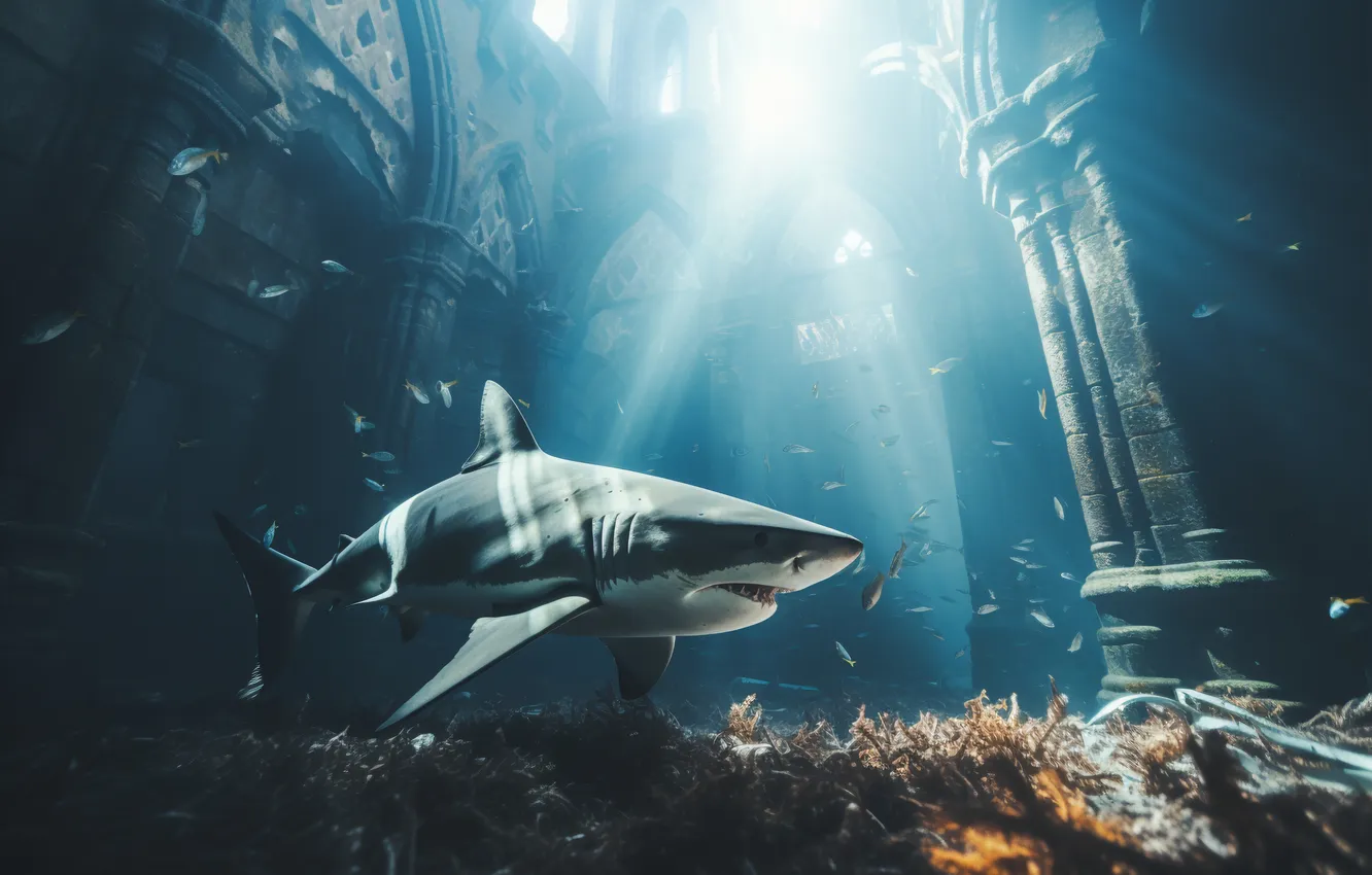 Photo wallpaper building, predator, shark, underwater world, digital art, AI art, The Art of Artificial Intelligence, neural …