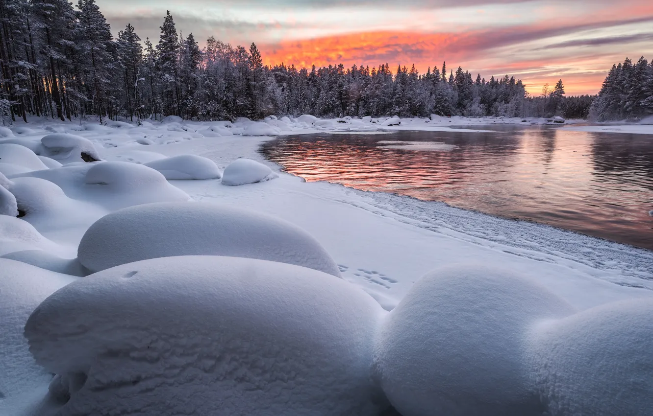 Photo wallpaper winter, forest, snow, landscape, sunset, nature, river, The Arctic