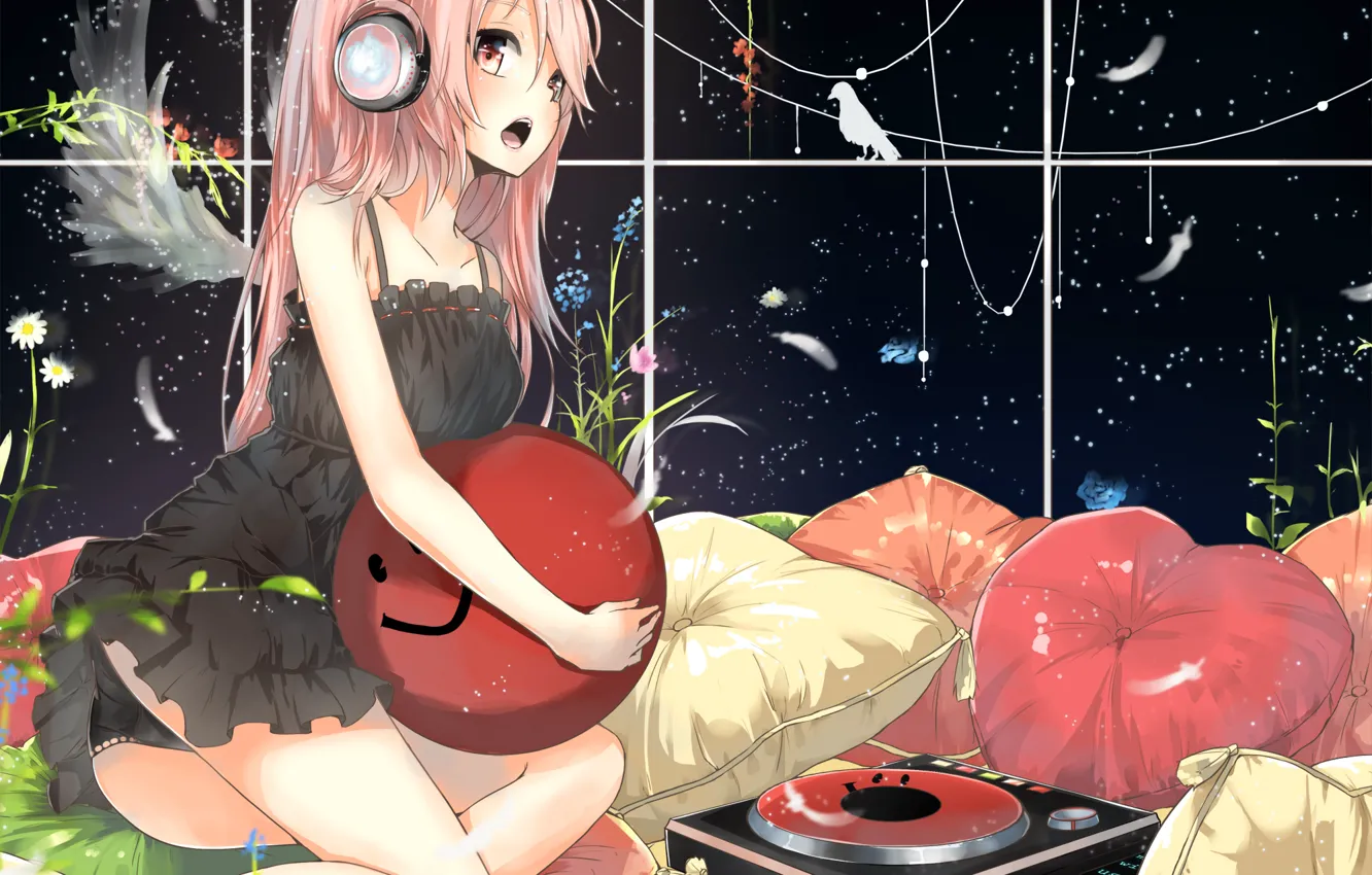 Photo wallpaper girl, wings, pillow, headphones, art, player, vocaloid, megurine luka