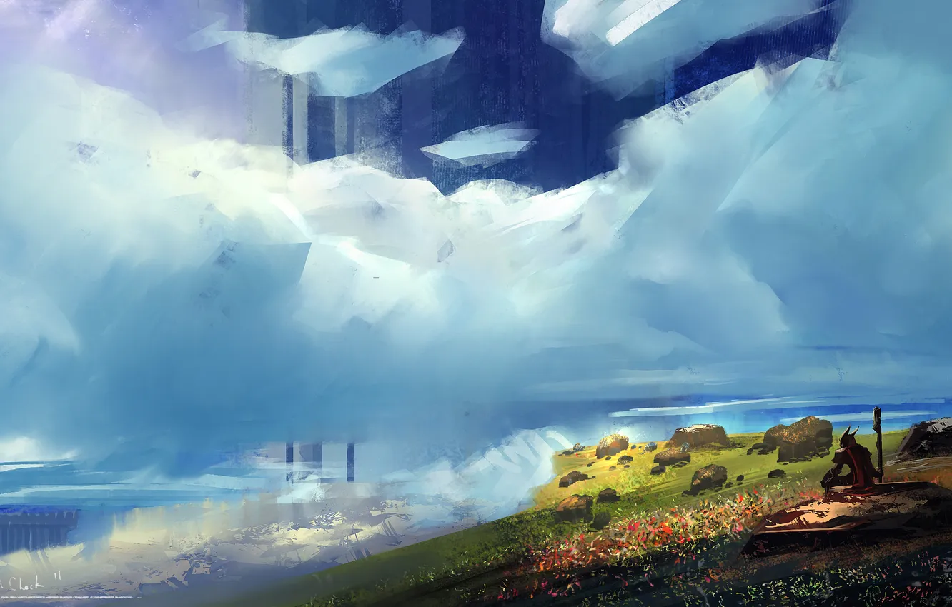 Photo wallpaper greens, clouds, flowers, stones, people, art