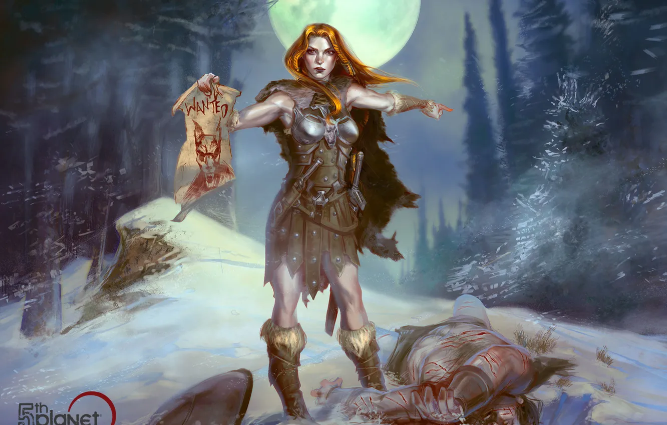 Photo wallpaper look, girl, snow, night, the moon, wolf, murder, art