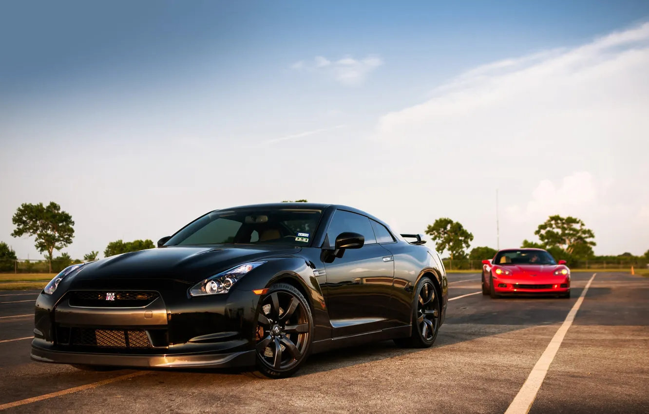 Photo wallpaper the sky, red, black, Corvette, Chevrolet, supercar, Nissan, GT-R
