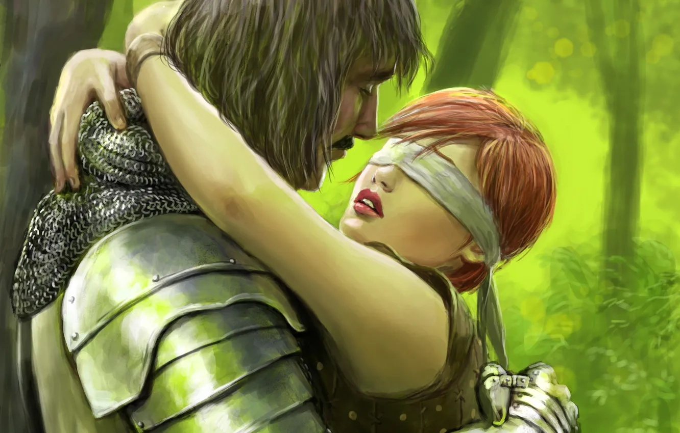 Photo wallpaper forest, girl, armor, hugs, headband, guy, Idra, Athel