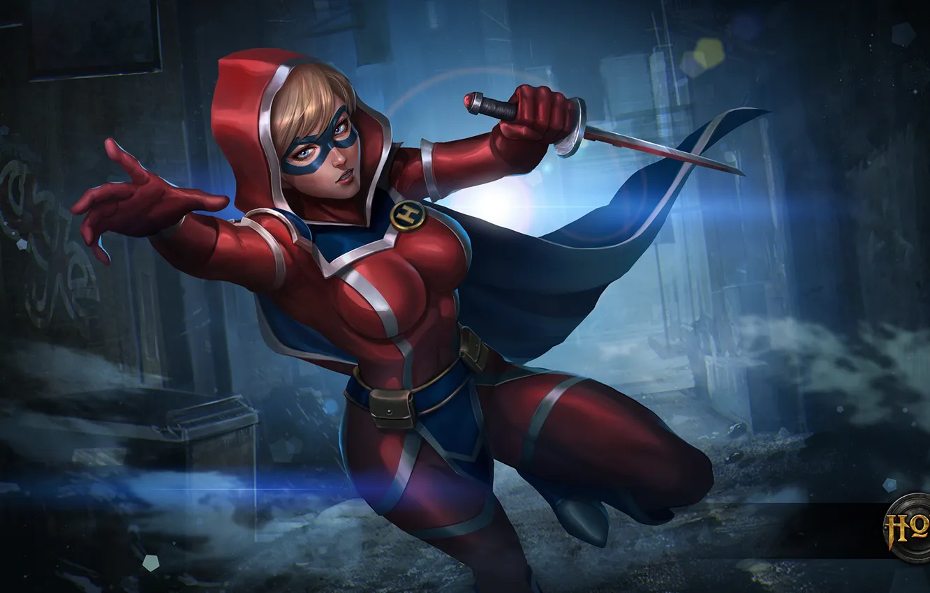 Photo wallpaper girl, mask, art, costume, hon, cloak, Heroes of Newerth, Scout