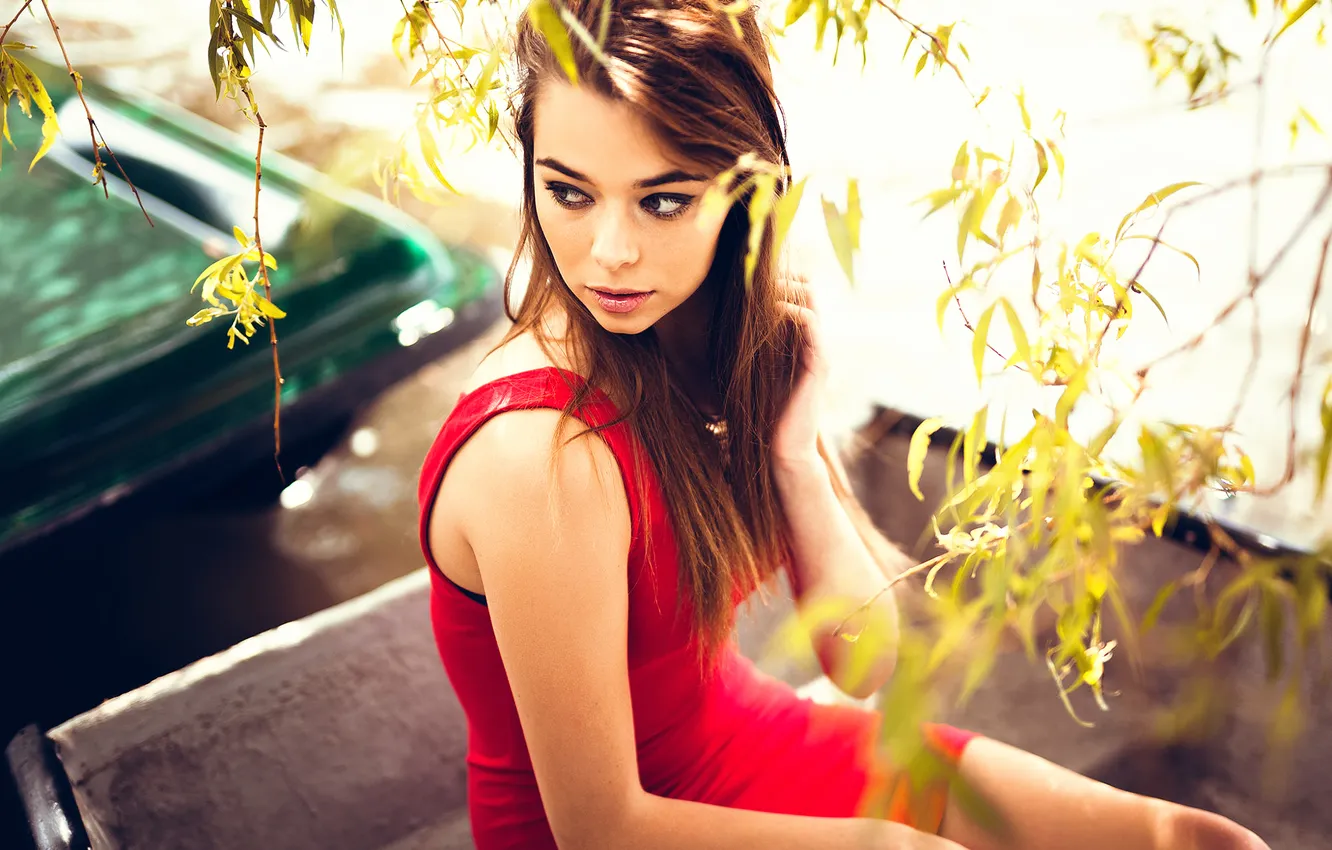Photo wallpaper girl, dress, leaves, in red, twigs, Summer memories