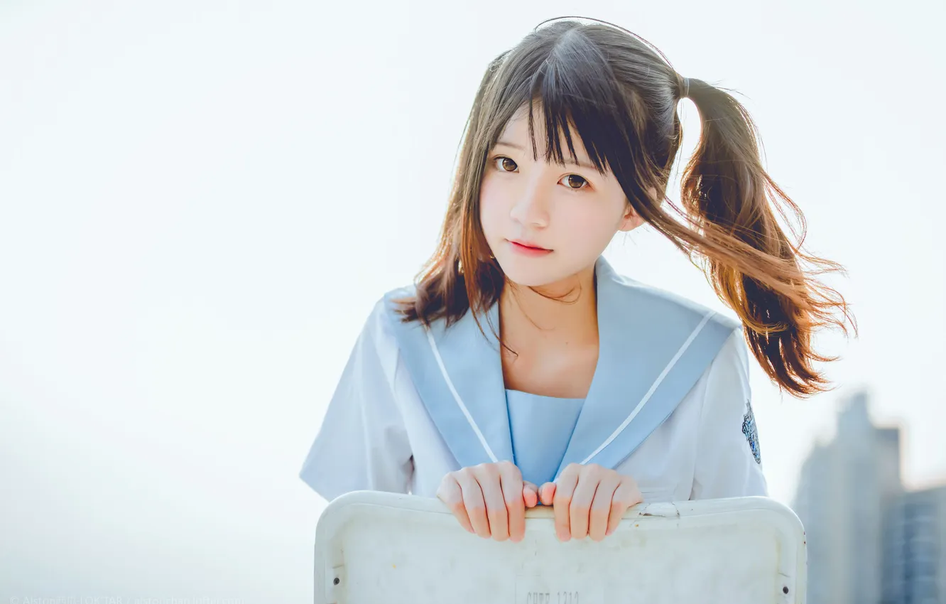 Photo wallpaper woman, beautiful, model, pretty, chair, asian, cute, building