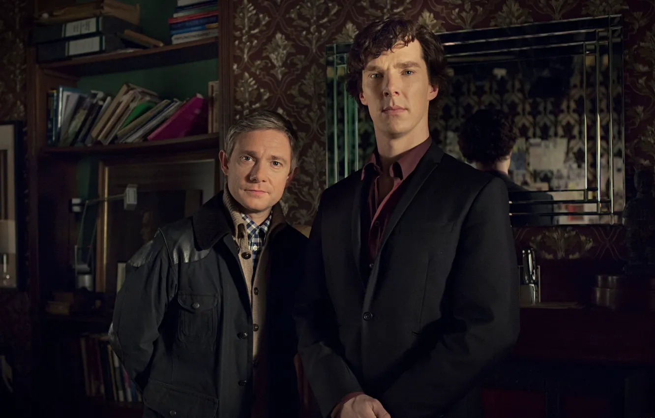 Photo wallpaper room, mirror, two, friends, the conversation, Sherlock Holmes, Martin Freeman, Benedict Cumberbatch