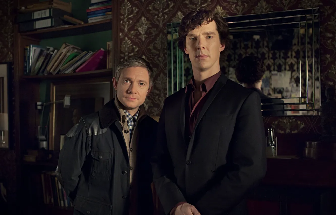 Photo wallpaper each, room, mirror, two, the conversation, Sherlock Holmes, Martin Freeman, Benedict Cumberbatch