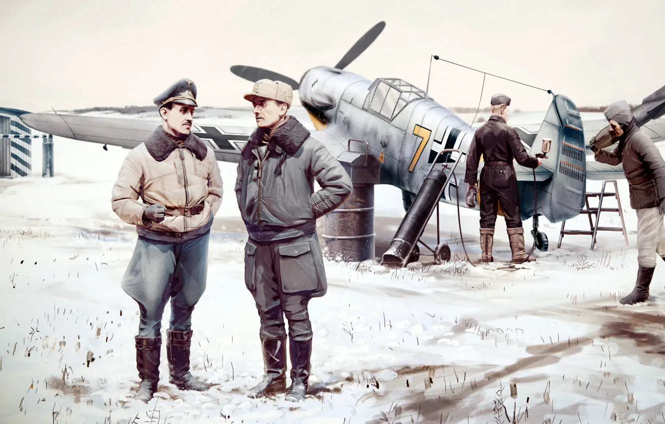 Photo wallpaper figure, art, the airfield, Me-109, Luftwaffe, staff, single-engine piston fighter-low, Friedrich