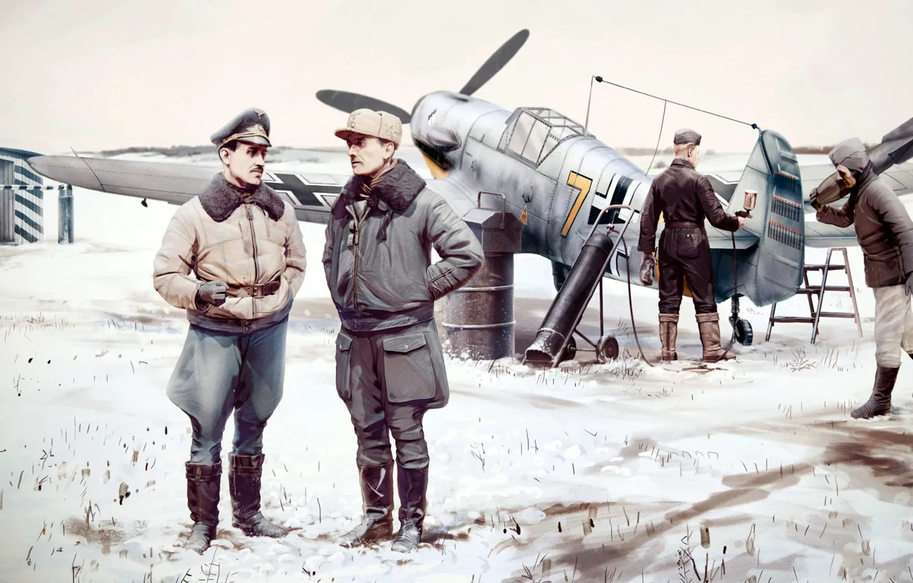 Photo wallpaper figure, art, the airfield, Fritz, Me-109, Luftwaffe, staff, single-engine piston fighter-low