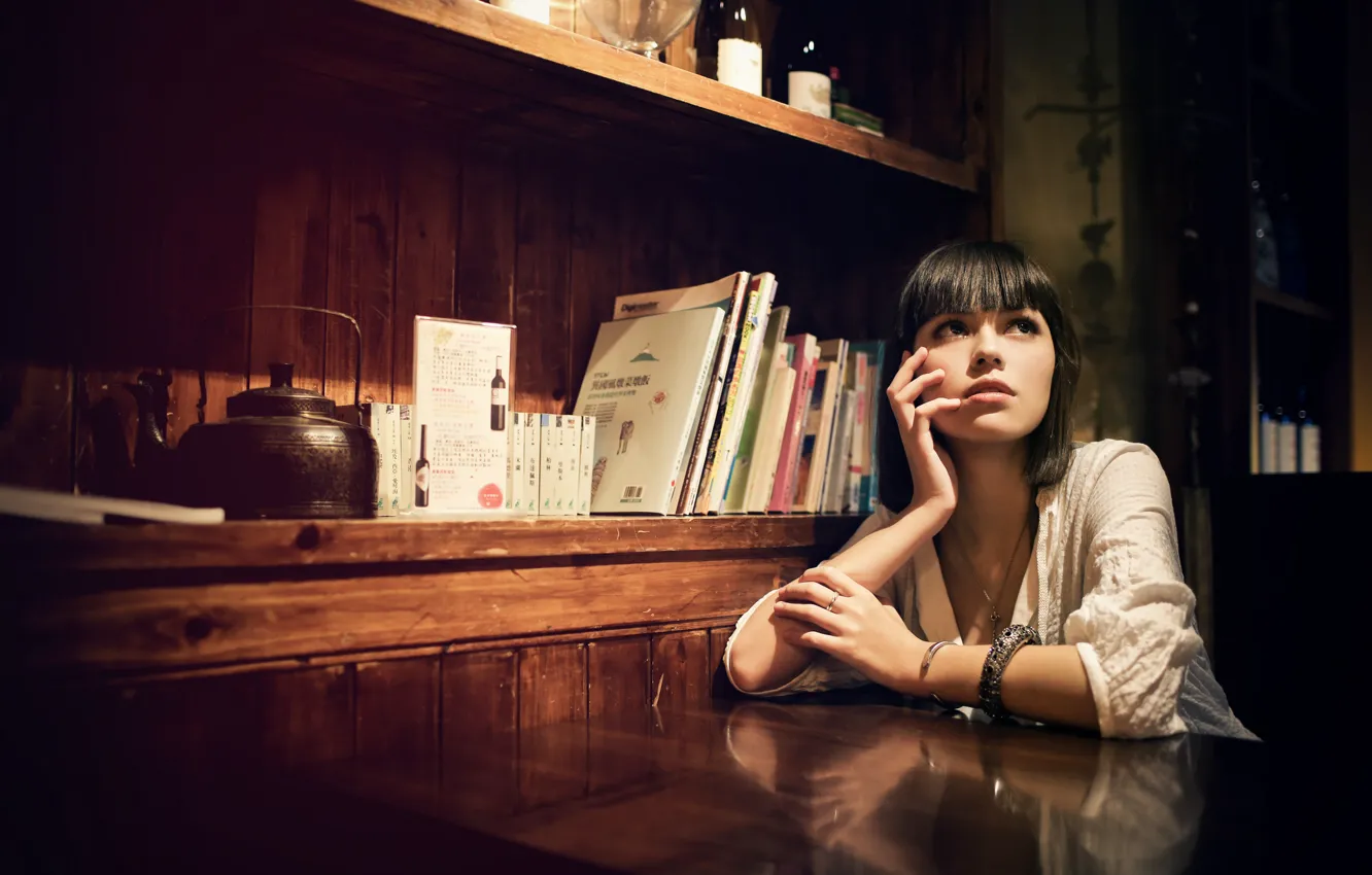 Photo wallpaper look, girl, table, brunette, wardrobe