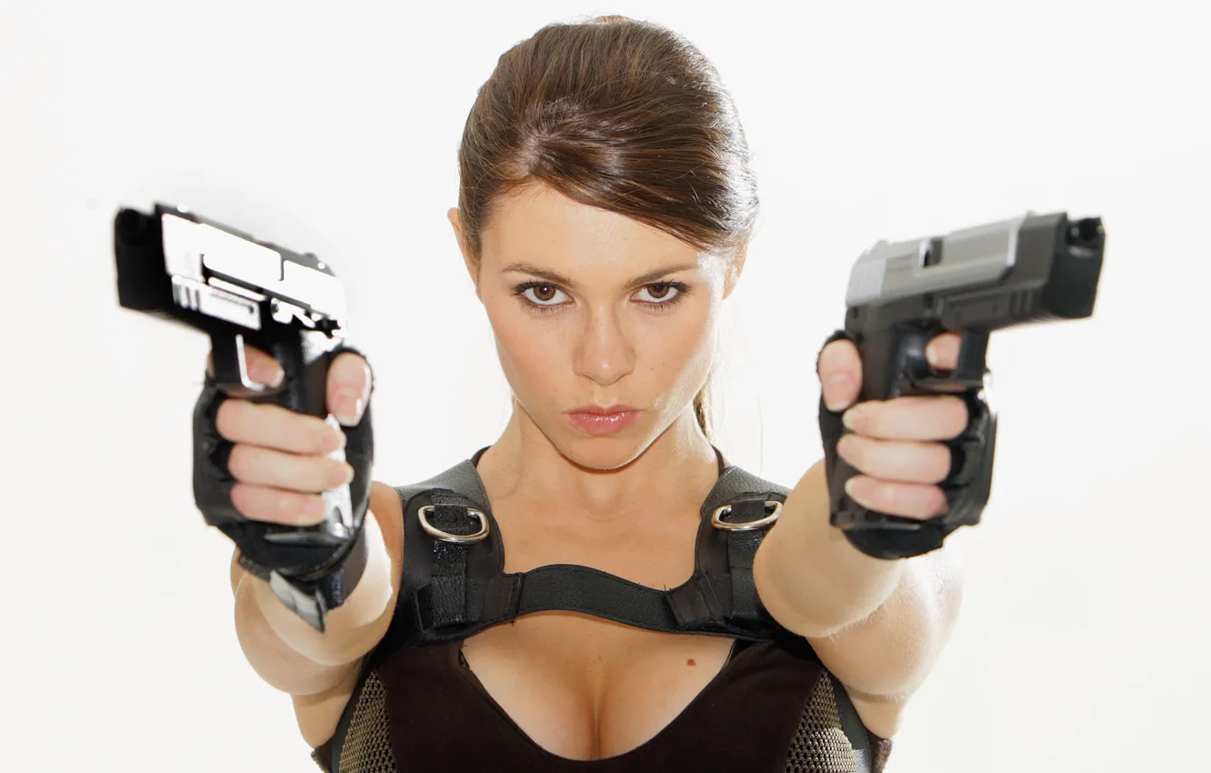 Photo wallpaper look, girl, gun, background, Alison Carroll, beautiful girl
